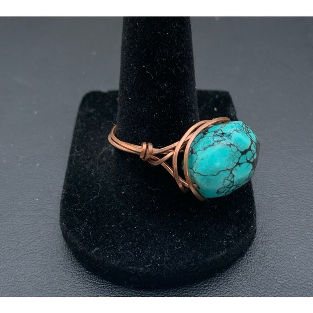 Rustic Brutalist Boho Copper Wire Wrapped Faux Turquoise Ring Size 8.75
